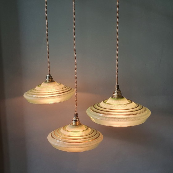 Set of 3 Antique Pendant Lights of Opaline Glass in Green, with Crushed Glass and Gold Decoration (photo 14 of 20)