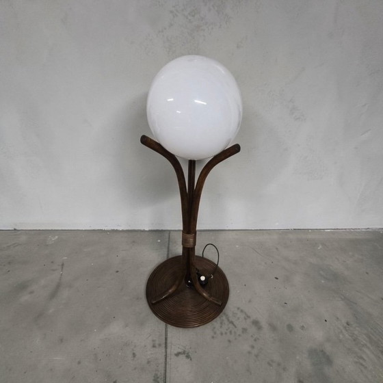 Mid-Century Bamboo Floor Light with Opal Glass Sphere, circa 1970s, Rattan, Brown, Vintage (photo 4 of 10)