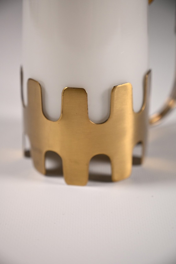 Image 1 of Bougeoir en verre opalin, laiton et cuir