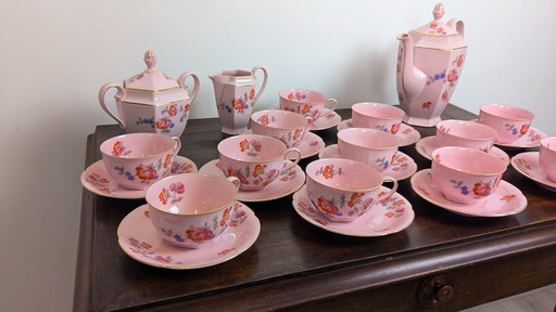 Service à Café en Porcelaine Rose 27 Pièces Art Deco par Epiag Tchécoslovaquie