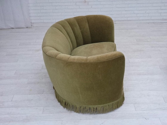 Image 1 of 1960s, Danish 2-seater "Banana" sofa, original green furniture velour.