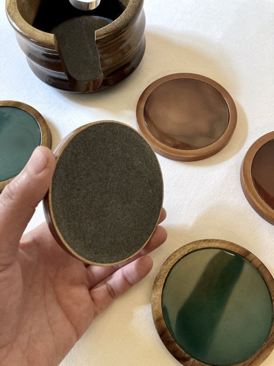 Image 1 of Set of 5 agate and walnut wood coasters