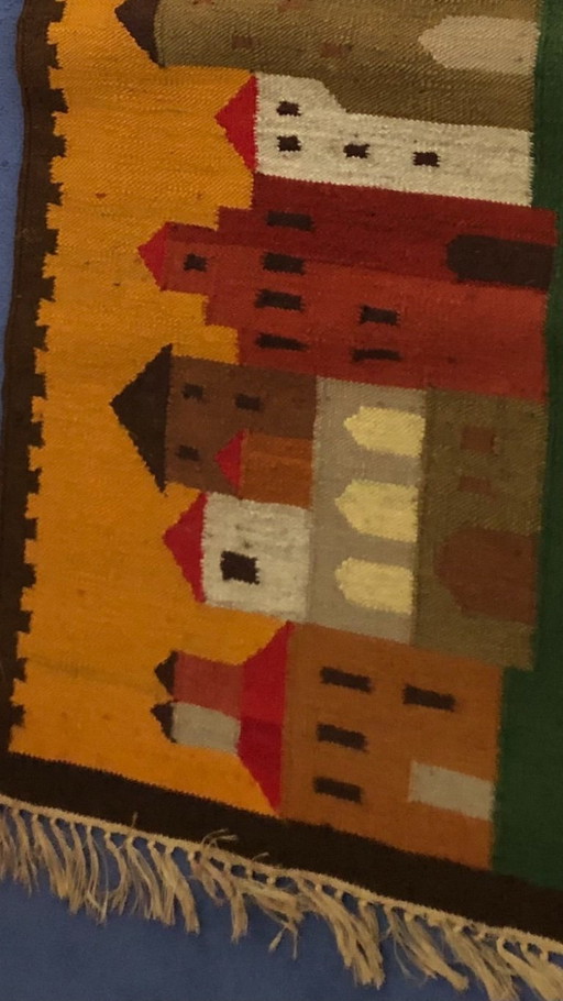 Polish kelim with colorful depiction of houses