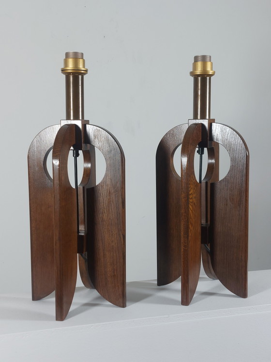 Image 1 of Rare vintage pair of wooden Temde table lamps
