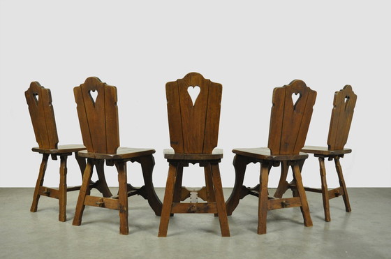 Image 1 of Vintage BRUTALIST oak handmade farmhouse dining chairs, 1930s Netherlands