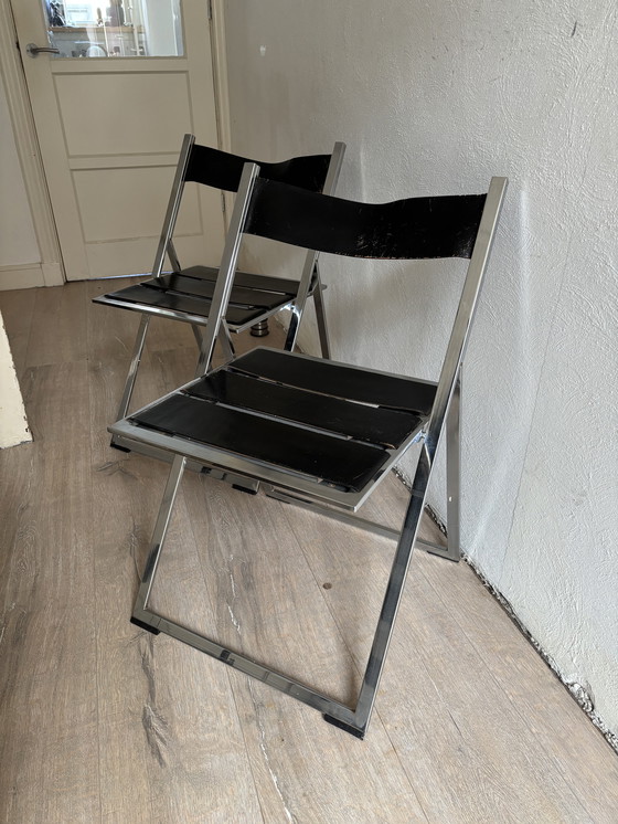 Image 1 of 2x Vintage Lubke Klapstoel Leer Chroom 1970