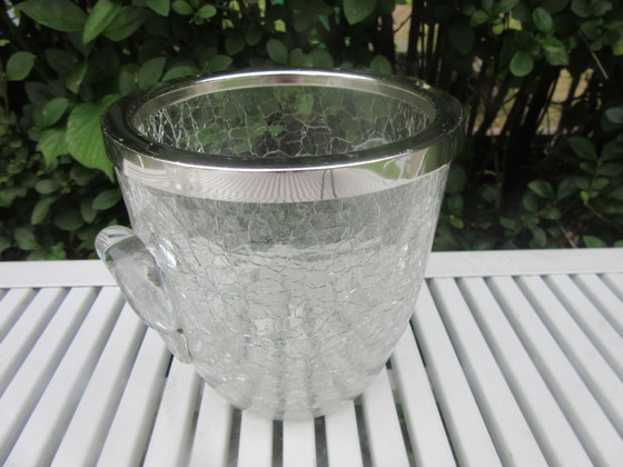 Image 1 of Crackle Glass Ice Bucket and 2 Matching Long Drink Glasses, mid century modern