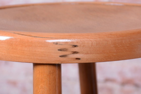 Restored Mid-Century Stool, Sold Beech, Plywood, Repolished, Czech, 1950s, Brown (photo 4 of 7)