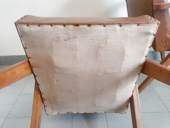 Image 1 of PAIR OF VINTAGE 1950 BRIDGE ARMCHAIRS WITH COMPASS LEGS IN OAK & HAVANA FAUX LEATHER