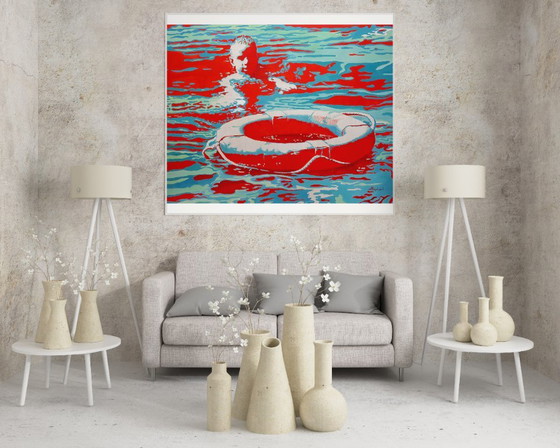 Original Oil Painting Contemporary Art Symbolism Sea Boy Lifebuoy – Paintings & Drawings, Canvas (photo 3 of 7)