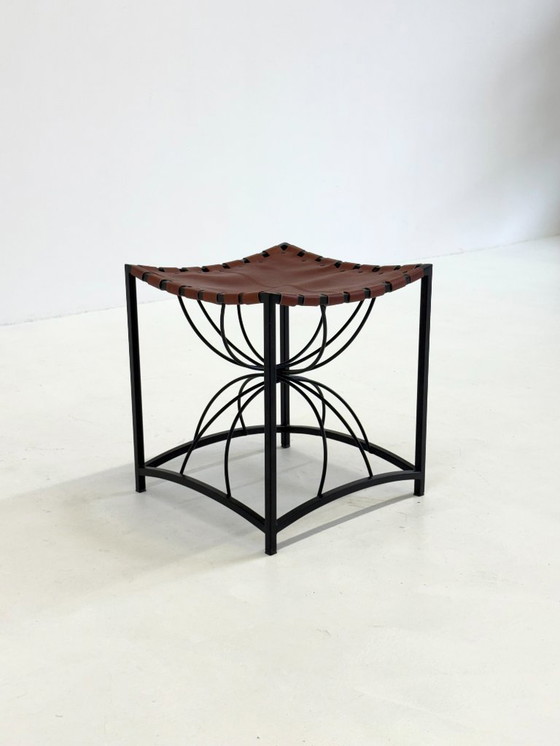 Image 1 of French elegant vintage stool with black metal and brown leather