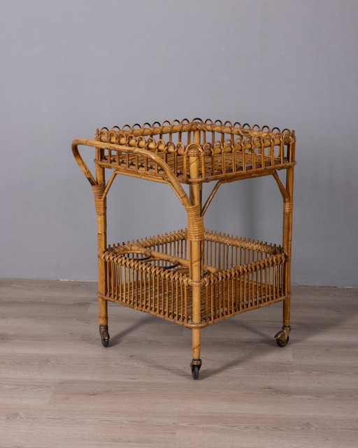 Chariot de bar vintage en bambou, design italien des années 1960 – serveerwagens, Bamboo