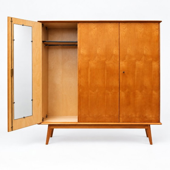 Vintage 3-deurs kledingkast – houten garderobekast met spiegel – Kledingkasten, Wood (photo 6 of 9)