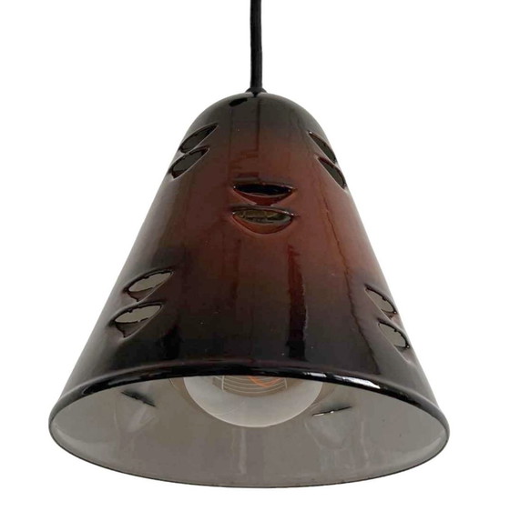 Image 1 of Lampe suspendue vintage métal émaillé marron 1970