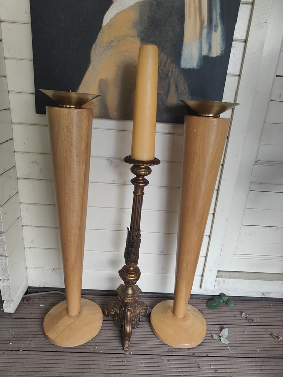 Image 1 of candlesticks 2 piece solid beech candlesticks plus church candlestick solid copper