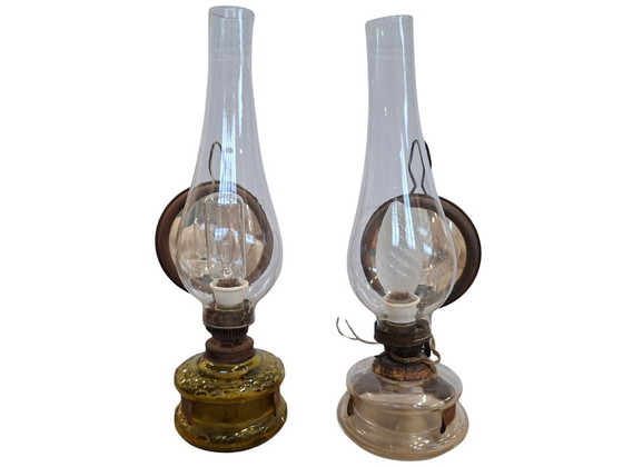 Image 1 of Pair of Vintage DITMAR Lamps – Antique Electrified Oil Lamps with Reflective Mirror