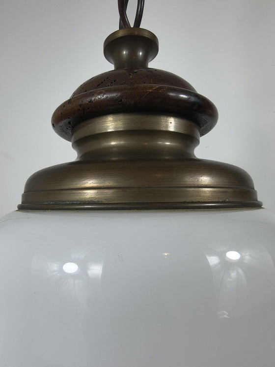 Image 1 of Vintage Scandinavian style pendant lamp – opaline glass & solid brass – Ø35 cm