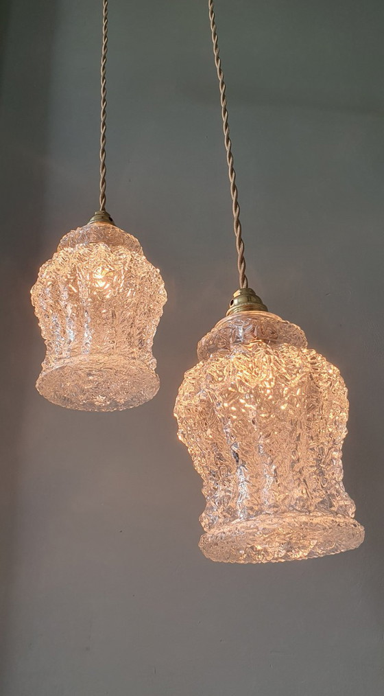 Image 1 of Set Van Twee Vintage Hanglampen Van Dik, Getextureerd Glas