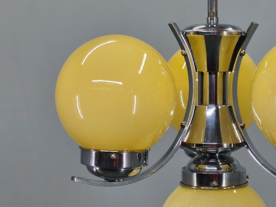 Image 1 of Art Deco Chrome and Opaline Glass Chandelier, Czechoslovakia
