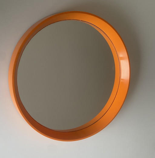 Vintage Danish plastic round orange mirror, 1970s