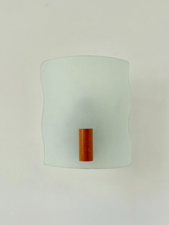 Pair of vintage wall lights in sandblasted glass and wood, France, 1970. (photo 2 of 6)