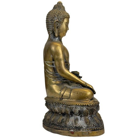 Gilded Medicine Buddha on Lotus Throne – Tibetan Style Bronze Sculpture (photo 3 of 11)