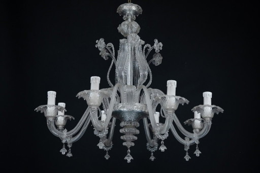Vintage kroonluchter van helder Murano-glas uit de jaren 1940, een klassiek Italiaans kunstglas.