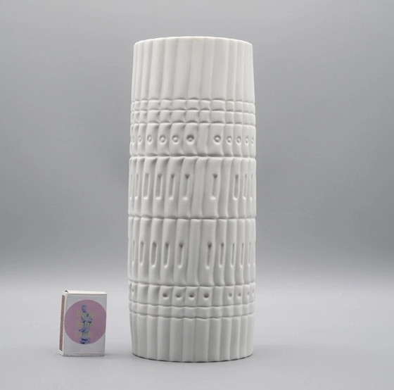 Image 1 of M. Freyer & W. Schreib Rosenthal Bisque Porcelain Vase Duo Op Art Relief 70s XL & L