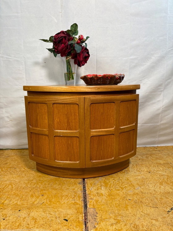 Image 1 of Mid-Century Retro Vintage Teak Corner Cabinet by Nathan Furniture 1970  “Squares” Range • Curved Doors • Compact Danish-Inspired