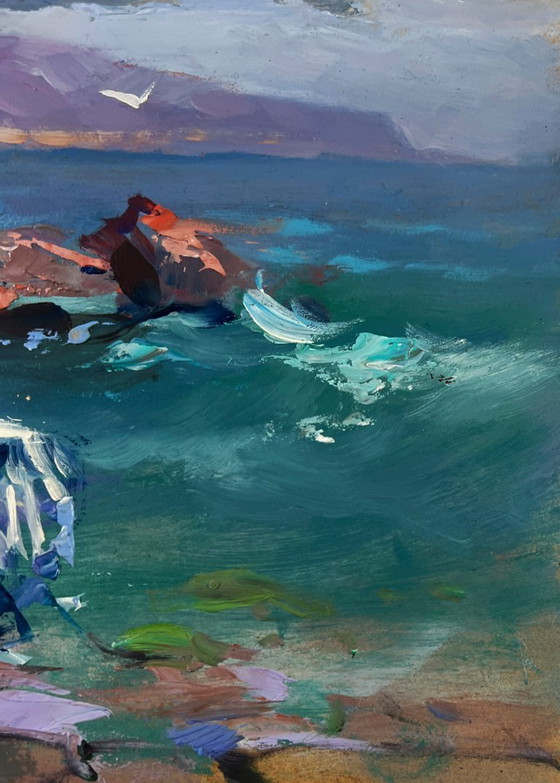 Image 1 of Original Oil Painting Evening Coastal Landscape Fishermen pull their nets into the sea