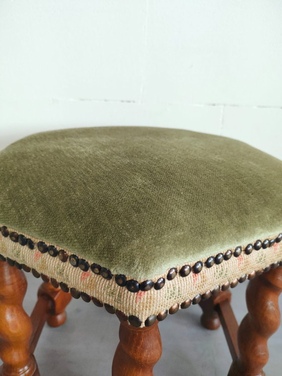 Image 1 of Typisch vintage/antiek eiken Deens hexagon krukje/voetenbankje 
