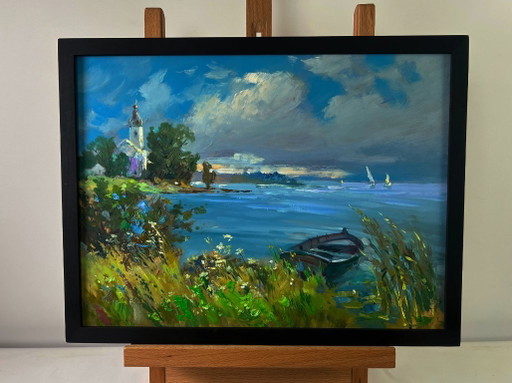 Original Oil Painting Summer Coastal Landscape A lonely boat on the river bank