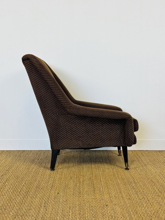 Image 1 of Vintage fauteuil in bruine tweedstof met uitlopende poten, 1960