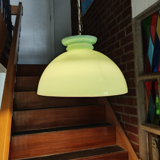 Image 1 of Vintage mintgroene hanglamp van opaalglas met dubbele glazen diffuser en messing ophanging.