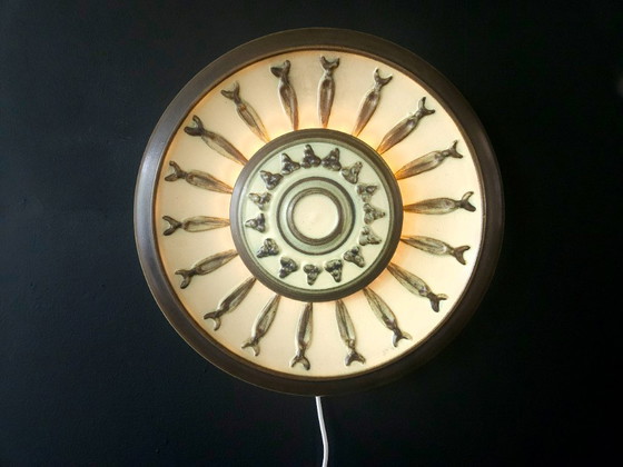 Image 1 of Keramieken vintage wandlamp, aardewerken brutalist wandlamp, groene en bruine aardetinten keramieken lamp