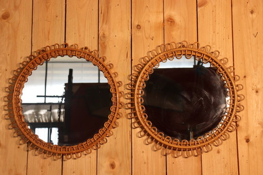 Paire de miroir rotin rond par Franco Albini Italie 1950
