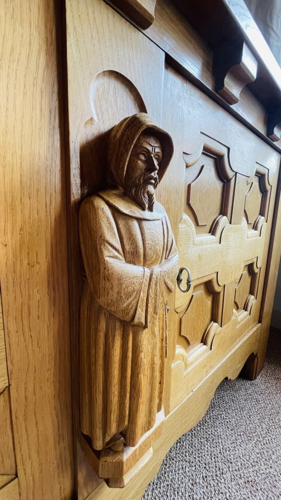Brutalist Set, Solid Oak Sideboard, Cabinet, Dining Table, 6 Chairs, Hand Carved Priest Mission Style (photo 5 of 15)