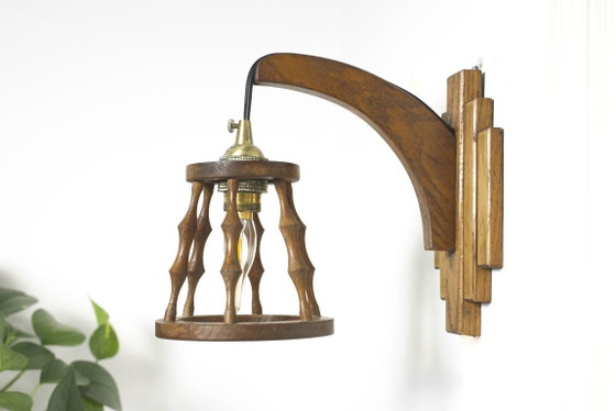 Image 1 of Set van twee Spaanse wandlampen, vintage houten lantaarnlampen, mediterrane verlichting in art-deco-stijl.