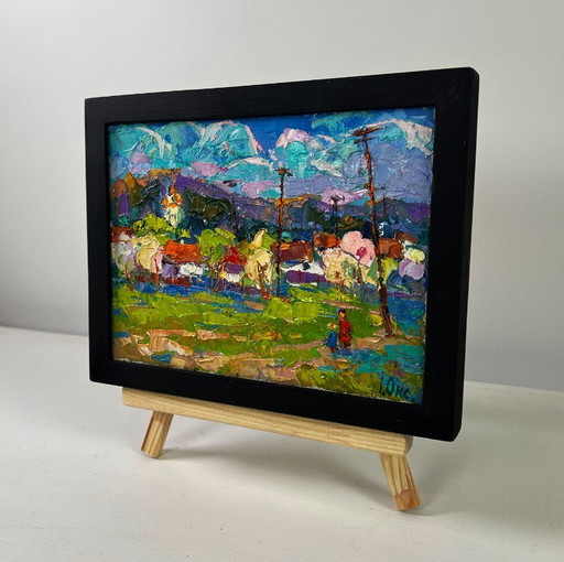 Original Oil Painting Summer Village Landscape Quiet fields under the open sky