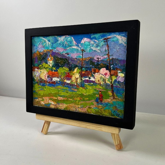 Image 1 of Original Oil Painting Summer Village Landscape Quiet fields under the open sky