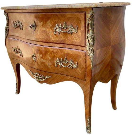 Image 1 of Louis XV style chest of drawers in marquetry and veined marble