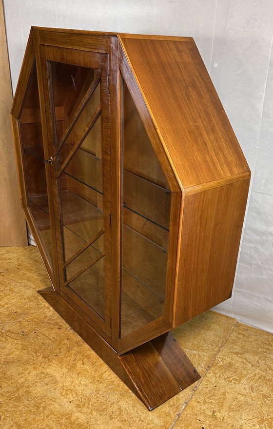 Image 1 of Art Deco Vintage Brocante Walnut Hexagonal Display Cabinet – 1920–1930 Striking Geometric Design | Elegant Display Storage