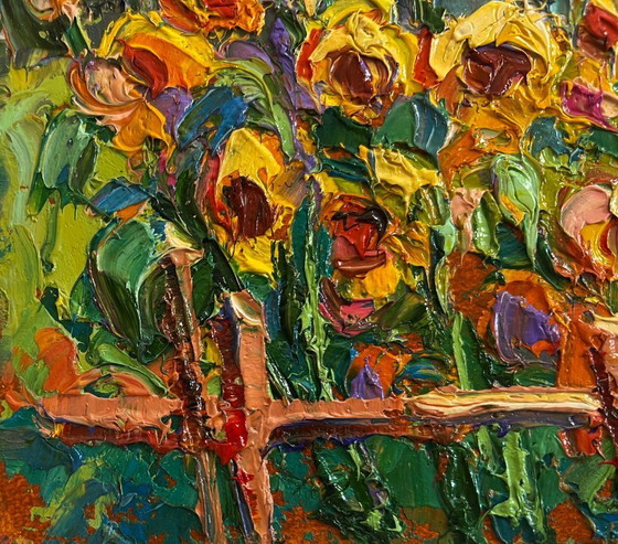 Image 1 of Original Oil Painting Country Flowers Landscape There are sunflowers in the yard