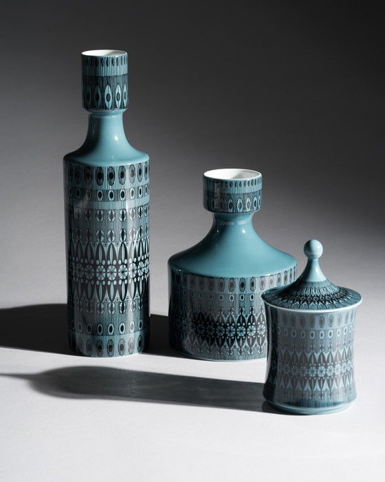 Image 1 of Trío gráfico turquesa Rosenthal Studio-Line Diseño de Theo Baumann Jarrones y caja