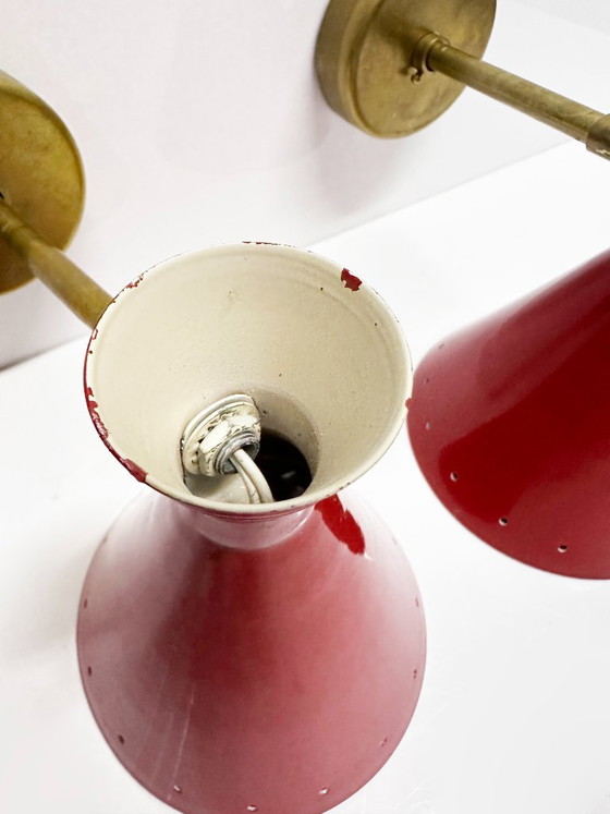 Coppia di Applique italiane di design 1950, Ottone, Rosso (foto 11 di 11)