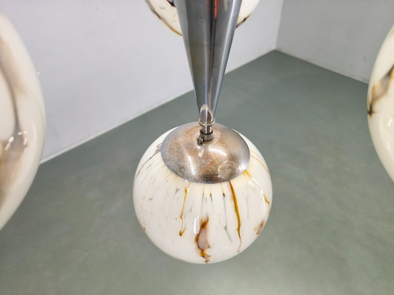 Image 1 of Art Deco Chandelier, Marble Glass, Brass & Chrome, 1930s