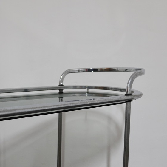 Image 1 of Stalen voedseltrolley met dubbele plank en gerookt glas, ontwerp uit de jaren 70