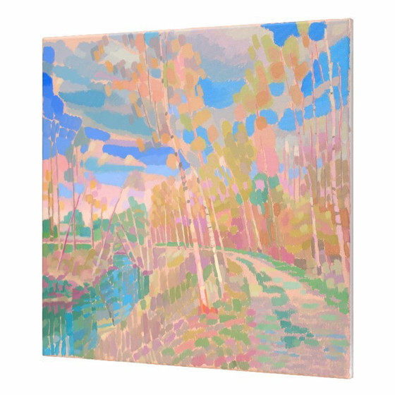 Image 1 of Painting of birch trees by a river, hand-painted unique piece, nature, landscape painting, sky, acrylic painting 50x50cm