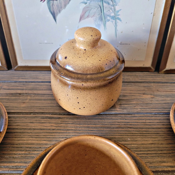 Image 1 of Tasses et Sucrier Vintage en Grès Moucheté de Bourgogne Sarreguemines