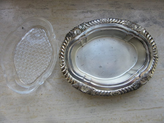 Image 1 of Serving Dish Signed Made in Japan, Sterling Silver Overlay, Vintage